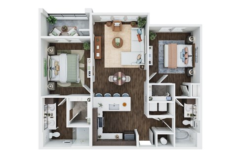 A top-down view of a small apartment layout with a kitchen, living room, and bathroom.